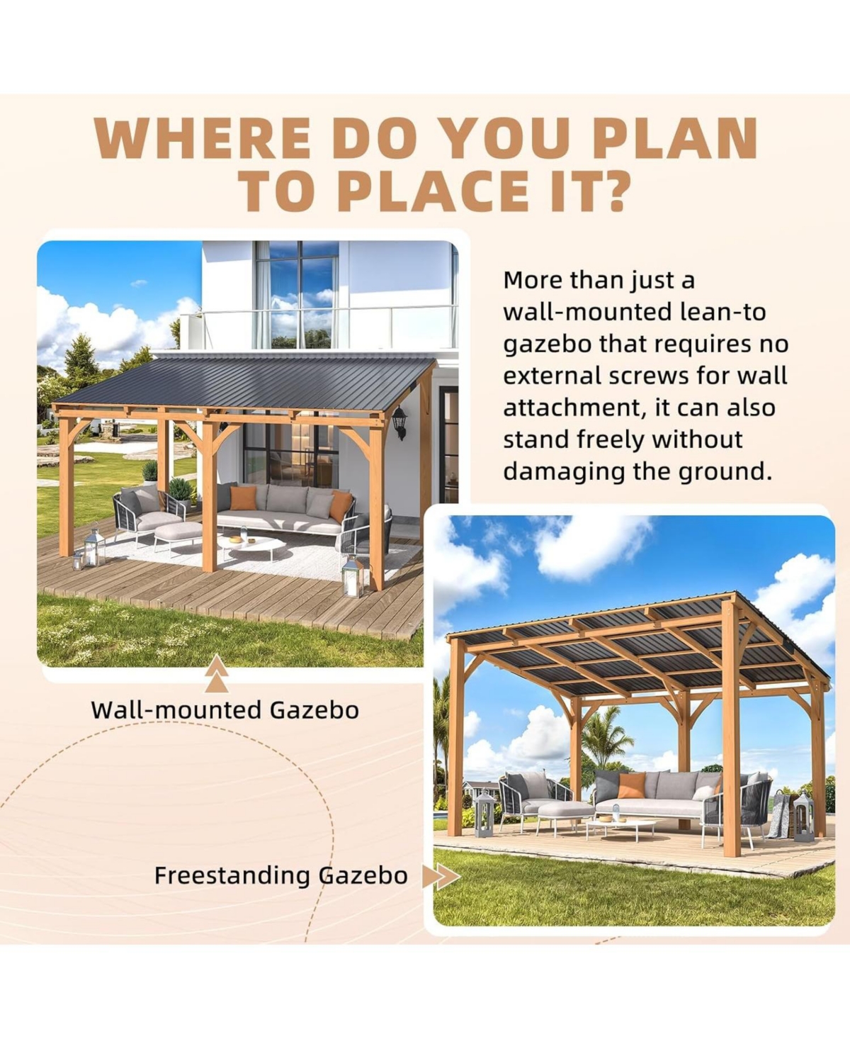 Aecojoy 14' x 10' Outdoor Wooden Gazebo, Patio Lean to Hardtop Pergolas and Gazebos