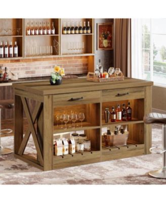 Kitchen Island with Storage and Seating, 55" Farmhouse Stationary Island Table