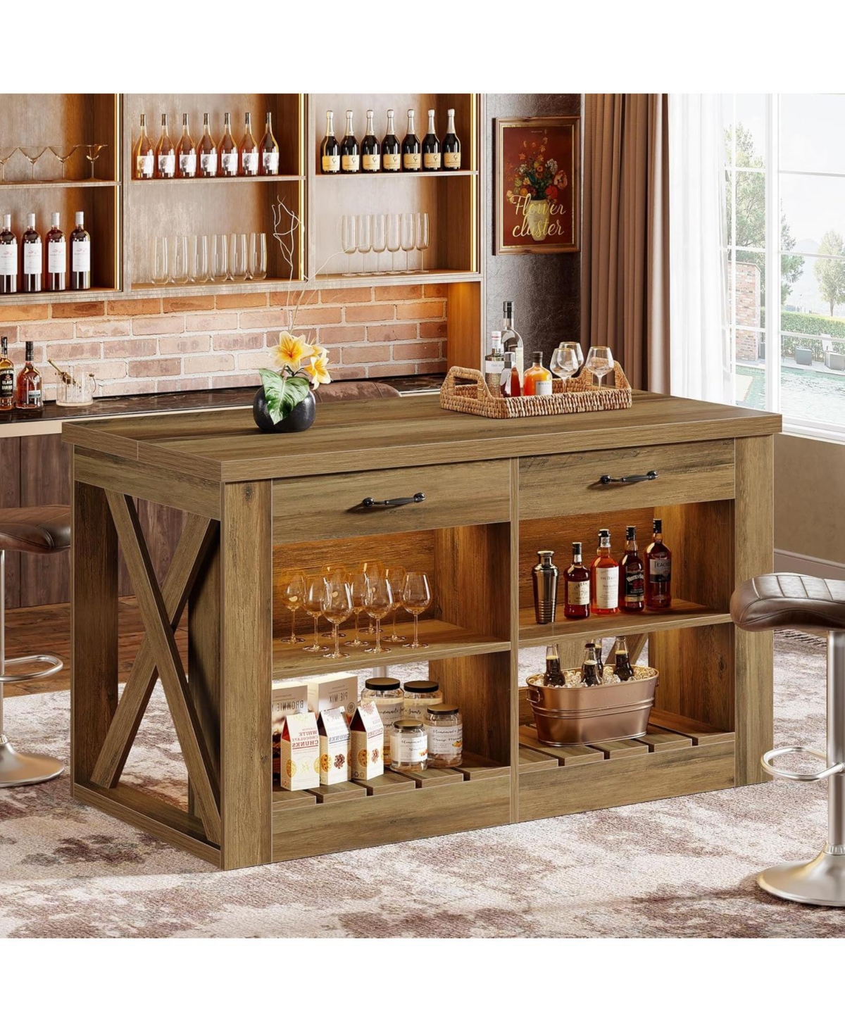 Tribesigns Kitchen Island with Storage and Seating, 55" Farmhouse Stationary Island Table