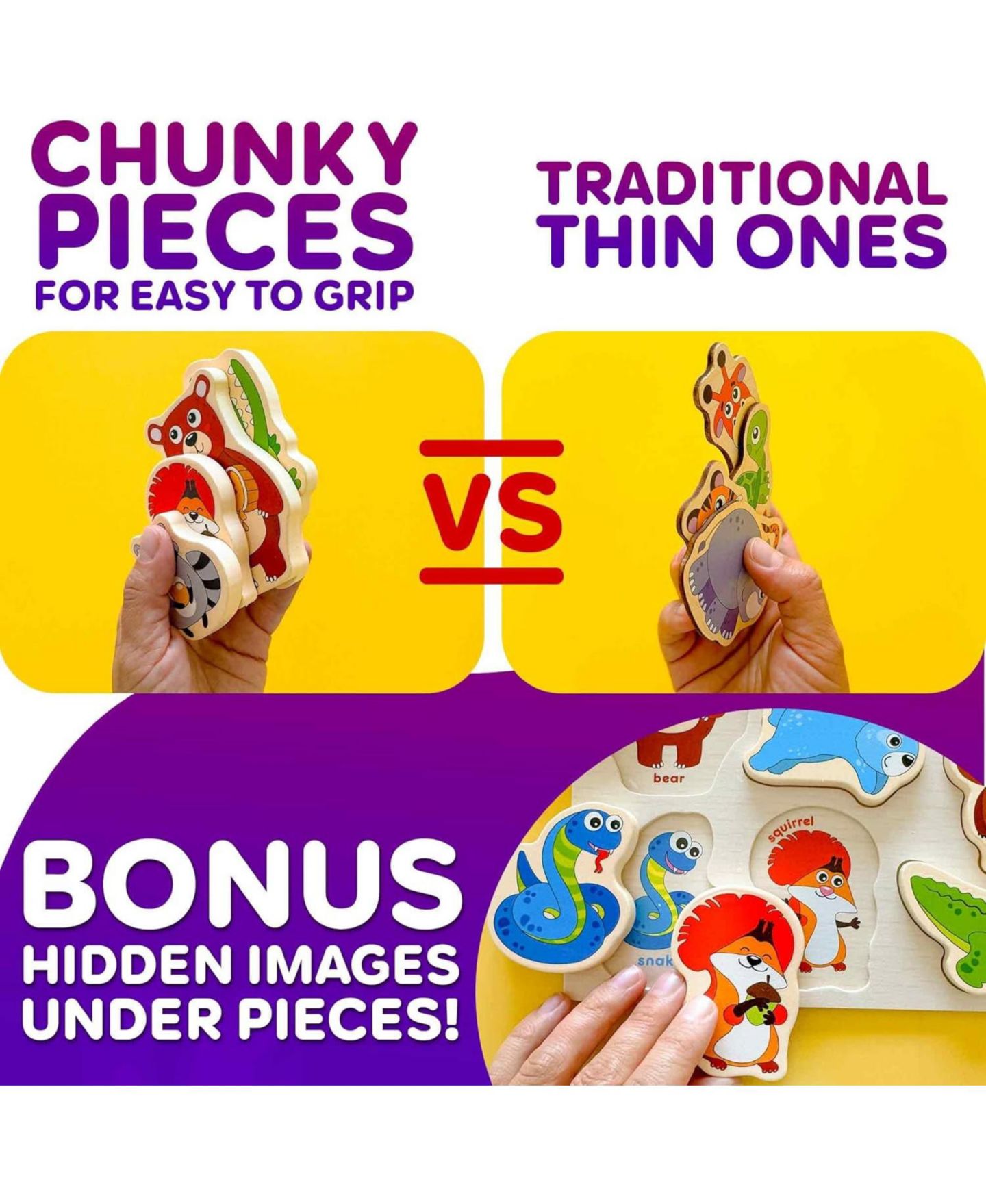 Детские игрушки Quokka Safari Animals Chunky Wooden Puzzle Set, 75-Piece, Ages 2+, цвет: Safarianimals — фото 5