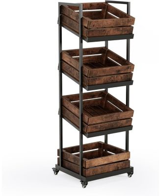4-Tier Wooden Kitchen Cart with Wheels, Mobile Fruit and Vegetable Storage, Utility Shelf