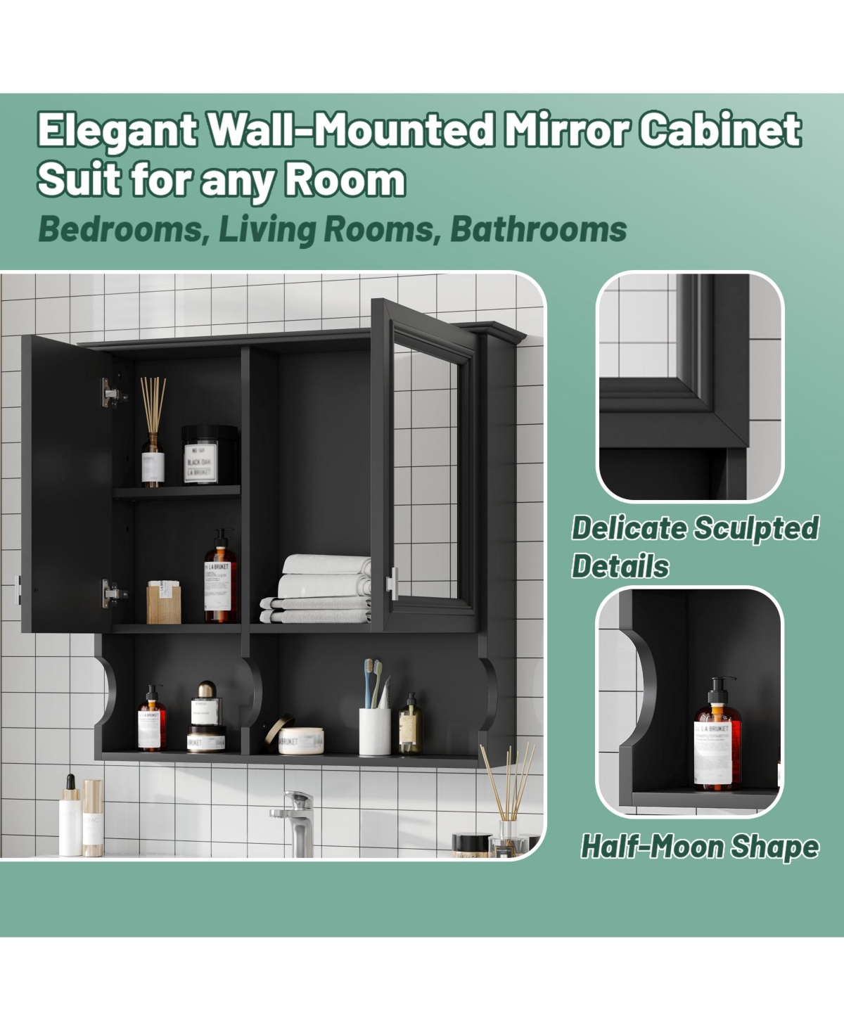 Casainc 30'' Mirror Medicine Cabinet with Open Shelves, Doors & Adjustable Shelf for Bathroom Storage