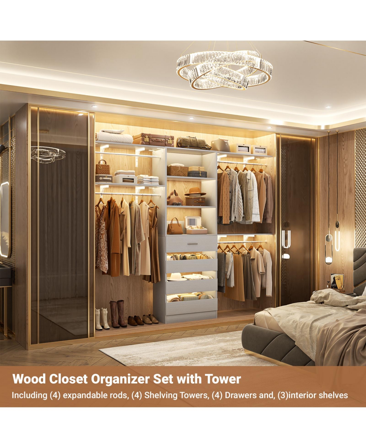 Aheaplus 96 inches Closet Organizer System with 4 Reversible Shelves and 4 Wood Drawers, Wardrobe Clothes Rack with 4 Hanging Rods