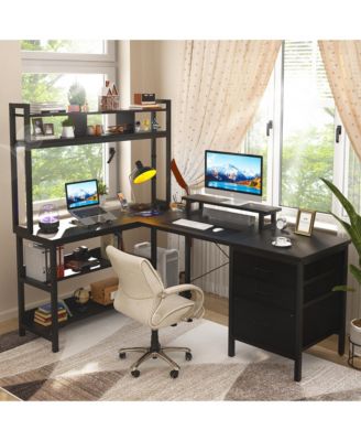 59'' W L-Shaped Computer Desk with Tall Hutch,Corner Desk