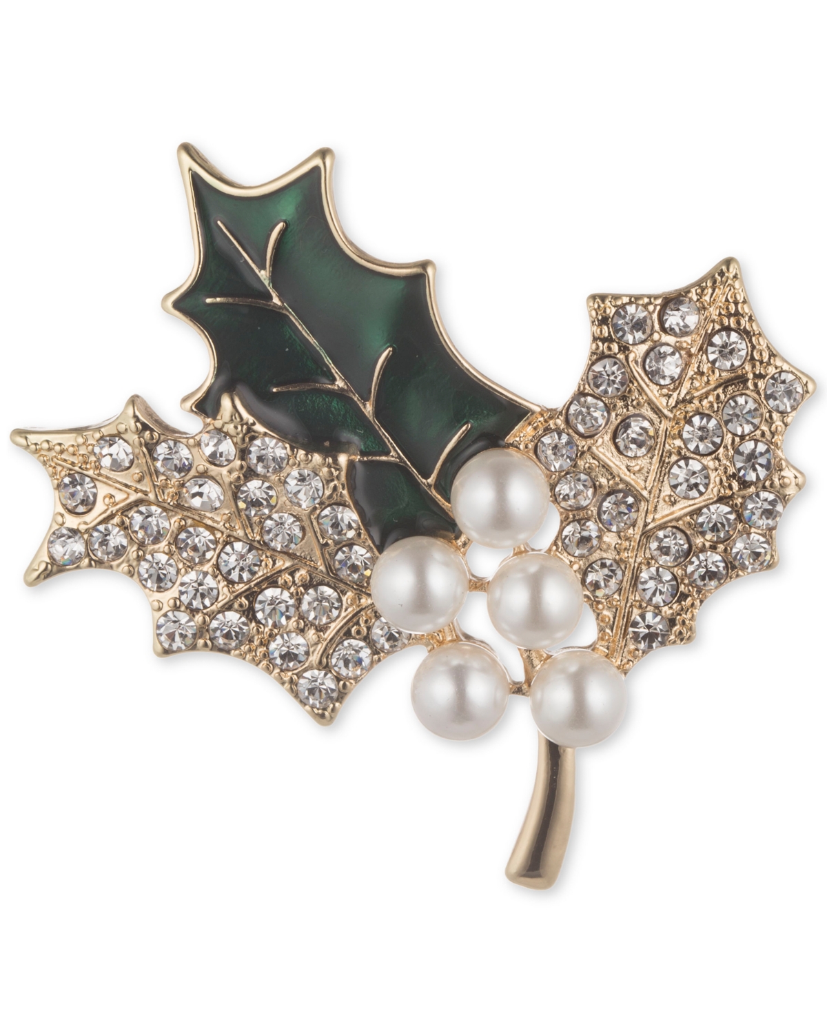 Anne Klein Glass Pearl And Glass Stone Gold-tone Boxed Holly Branch Pin In Silver