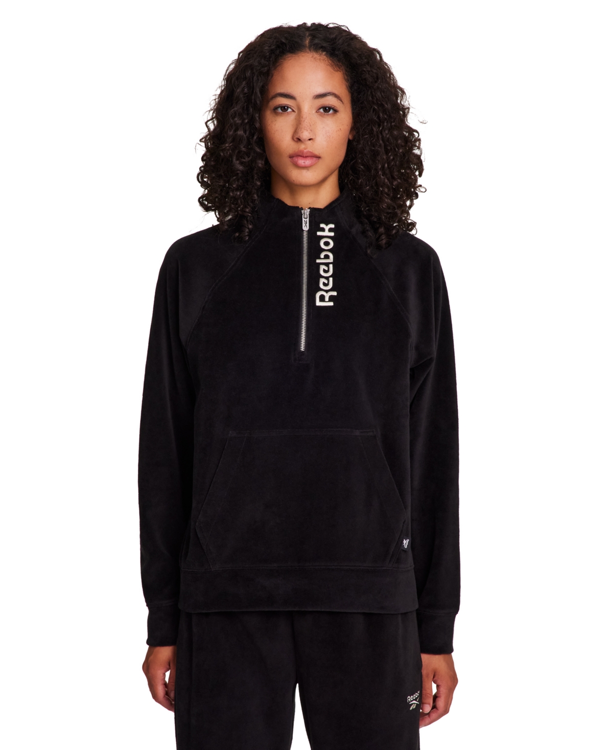 Reebok Women's New Heritage Velour Half Zip Collared Top In Black