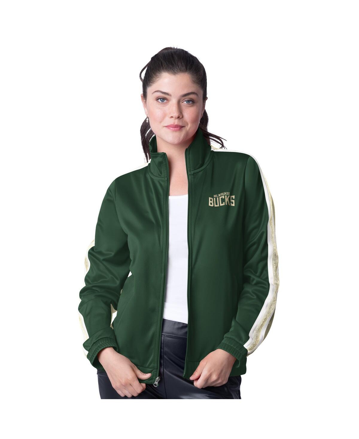 G-iii 4her By Carl Banks Women's Hunter Green/cream Milwaukee Bucks Rebel Sequin Bling Full-zip Track Jacket In Green