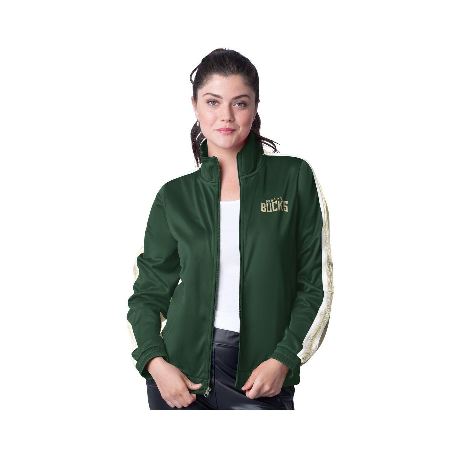 Women's Hunter Green/Cream Milwaukee Bucks Rebel Sequin Bling Full-Zip Track Jacket