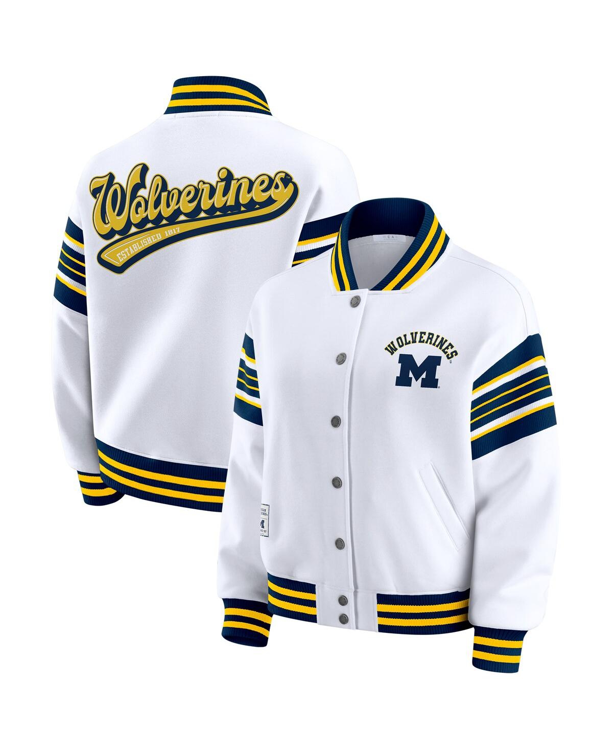 Wear By Erin Andrews Women's White/navy Michigan Wolverines Satin Stitch Full-snap Fleece Sweatshirt Jacket In White