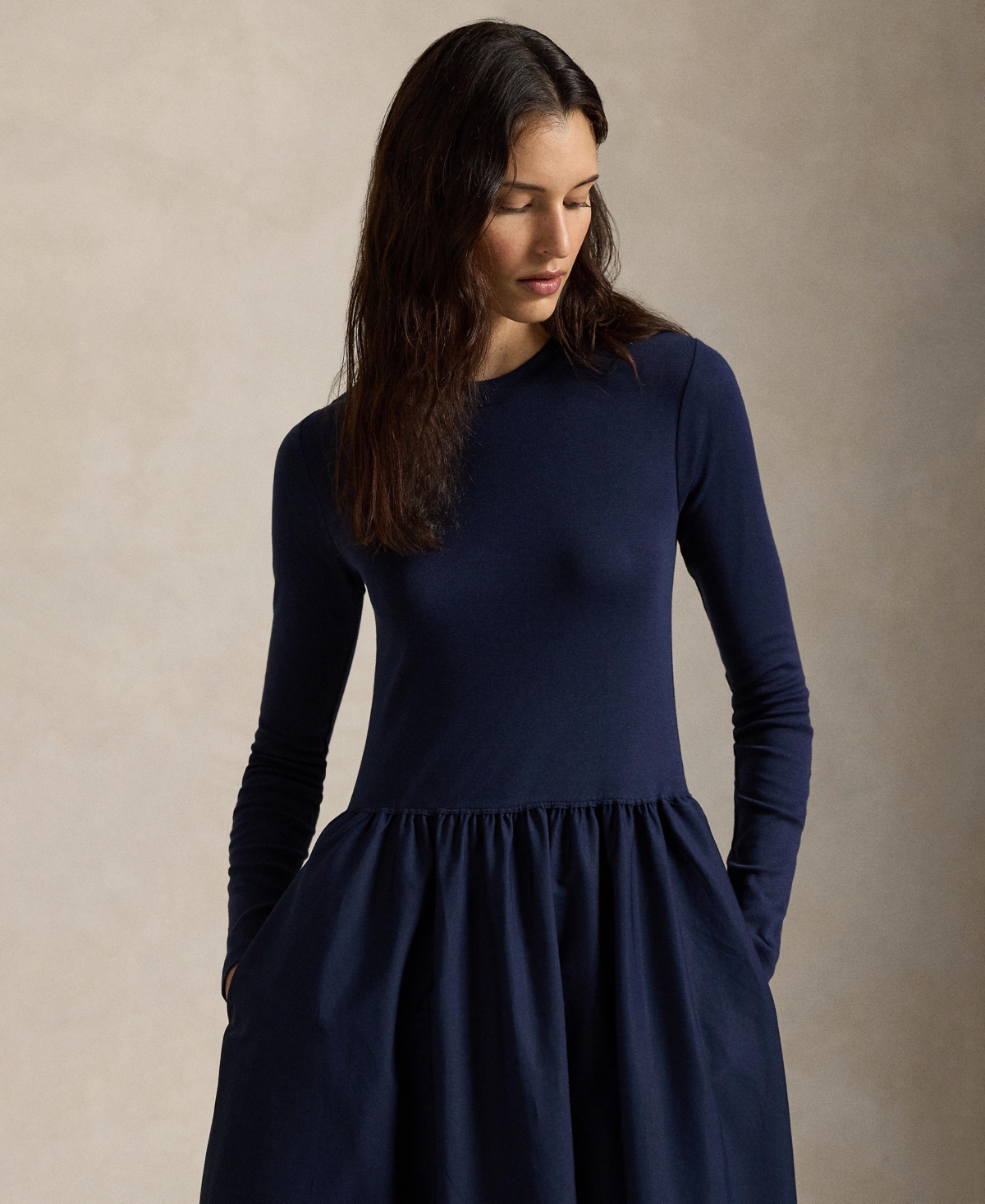 Polo Ralph Lauren Mixed Media Long Sleeve Cotton Dress In Blue