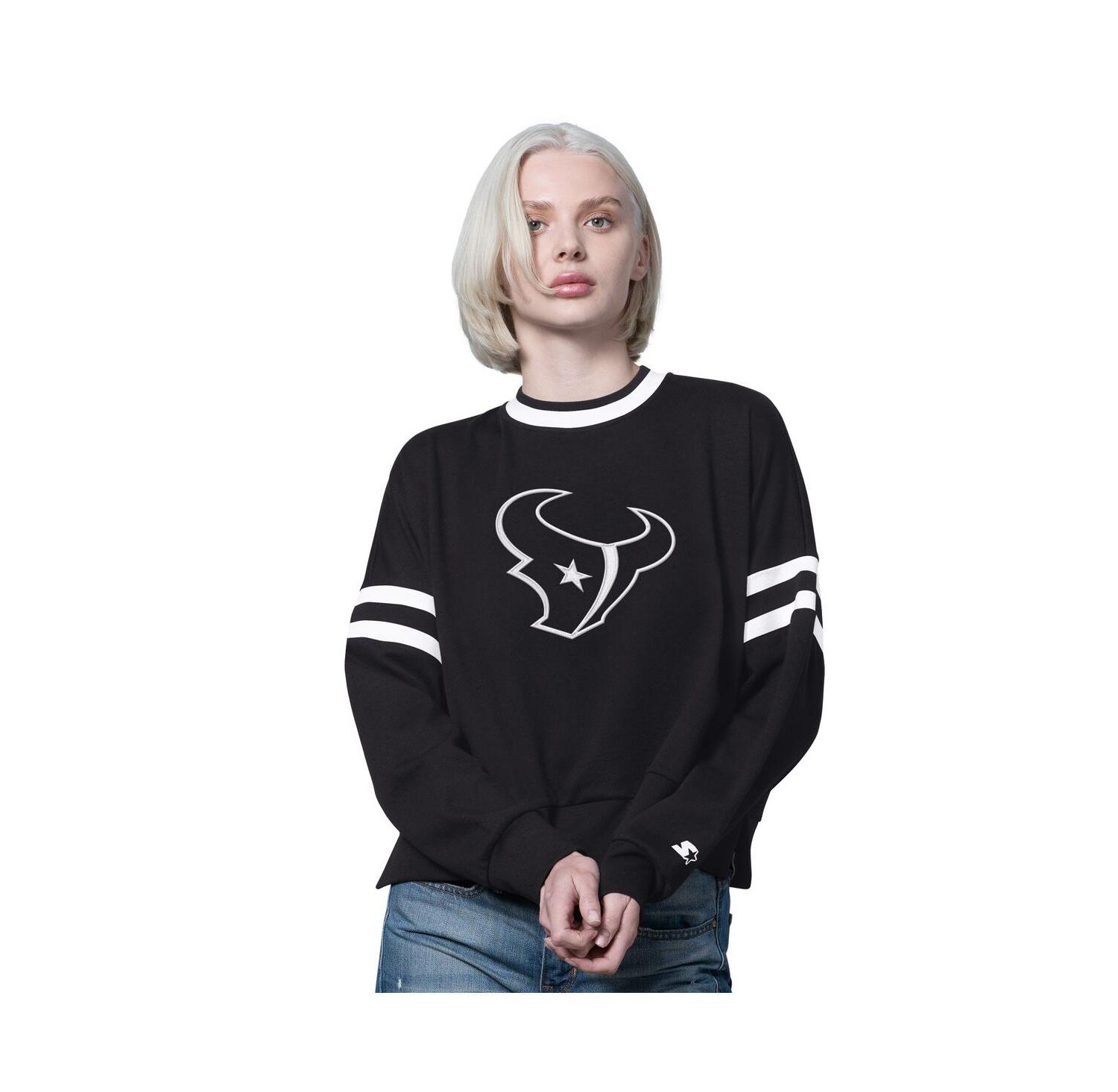 Women's Black Houston Texans Rally Drop Shoulder Cropped Sweatshirt