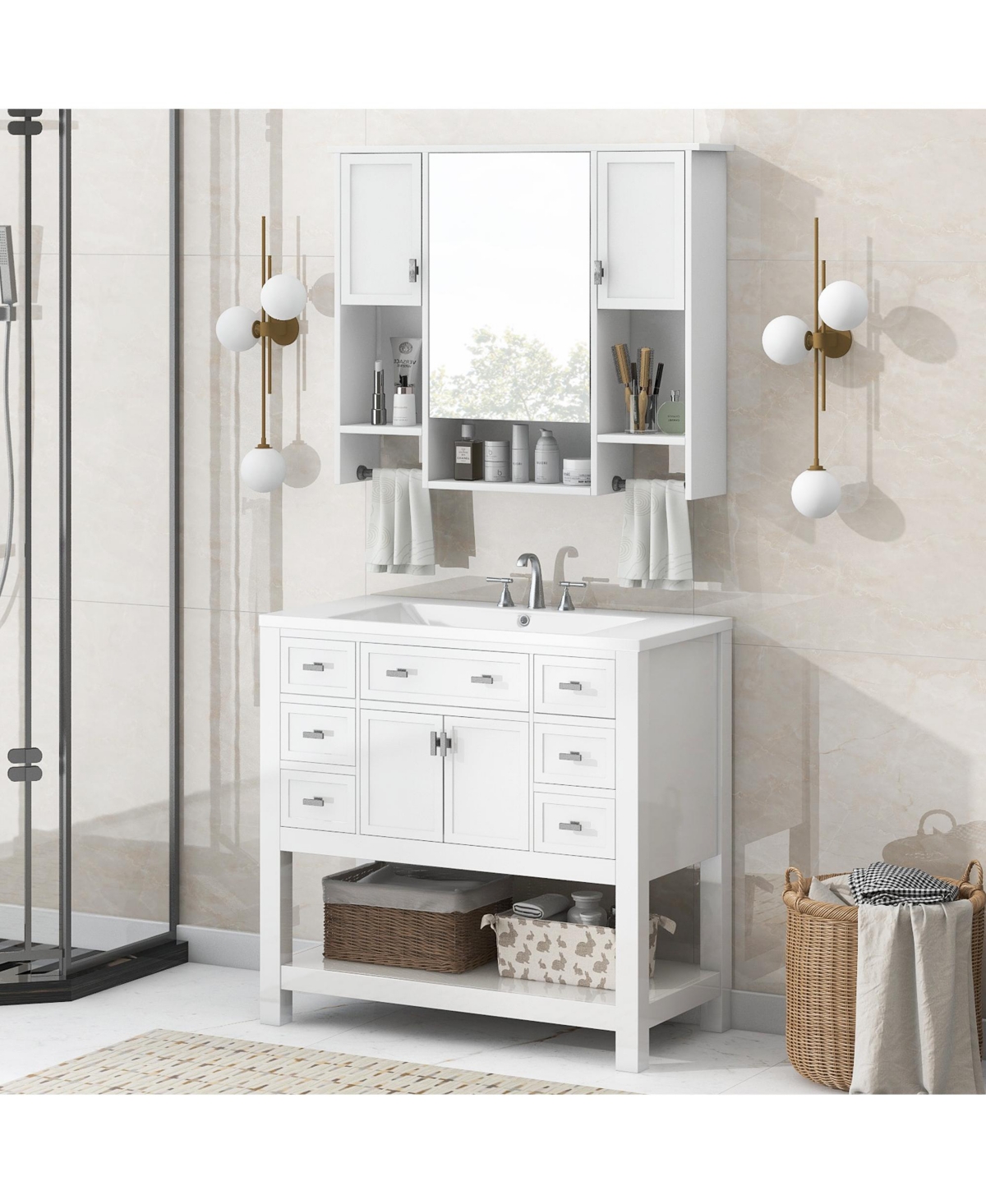 Casainc 36'' Bathroom Vanity with Top Sink, Mirror Cabinet with Towel Bar, 2 Doors & 6 Drawers
