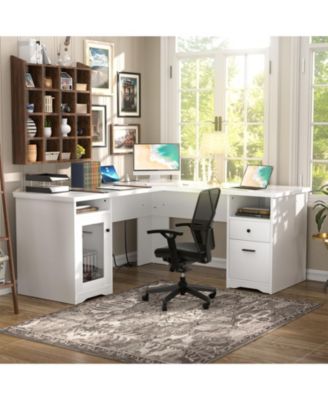 L Shaped Desk with Charging Station, Computer Desk Workstation with File Cabinet and Drawers for Office