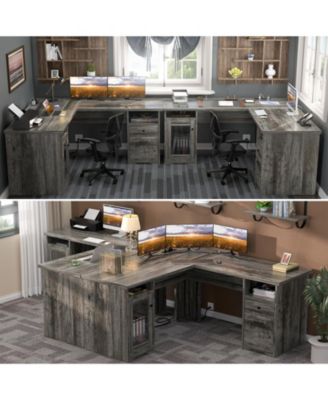 L Shaped Desk with Charging Station, Computer Desk Workstation with File Cabinet and Drawers for Office