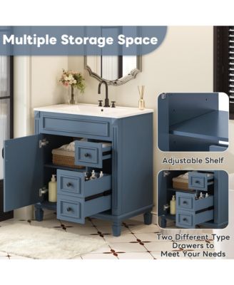 30-Inch Bathroom Vanity with Ceramic Sink, Small Bathroom Cabinet, 2 Drawers & Adjustable Storage Shelf