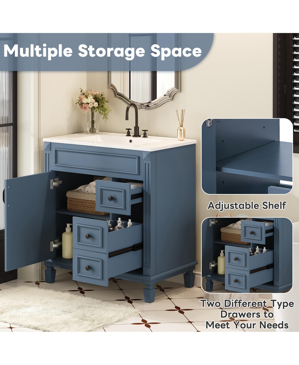 Casainc 30-Inch Bathroom Vanity with Ceramic Sink, Small Cabinet, 2 Drawers & Adjustable Storage Shelf