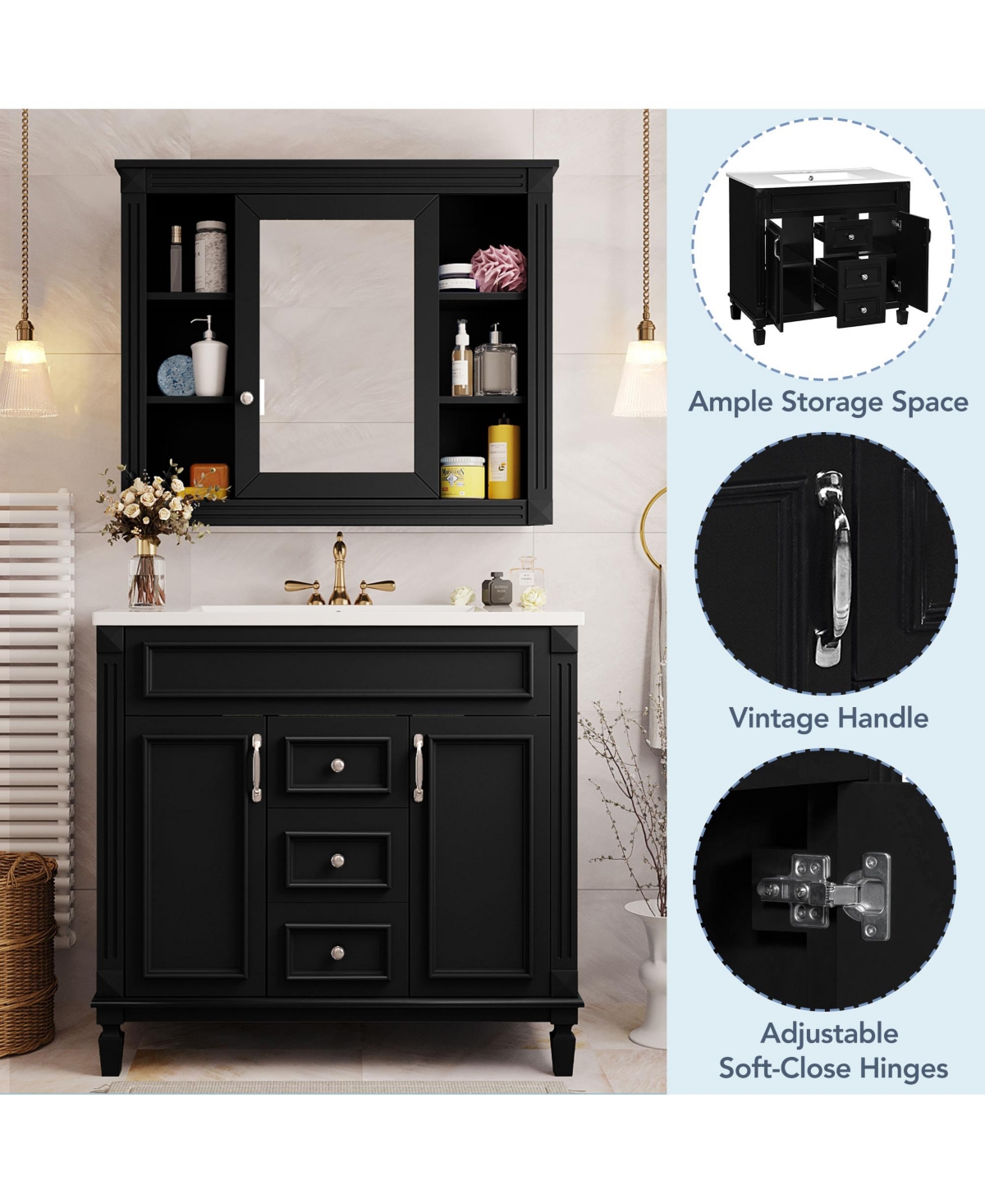 Casainc 36'' Bathroom Vanity with Top Sink, Mirror Cabinet, 2 Soft Closing Doors & Drawers