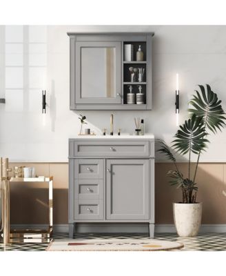30'' Bathroom Vanity with Top Sink, Mirror Cabinet, 2 Drawers & Tip-out Drawer