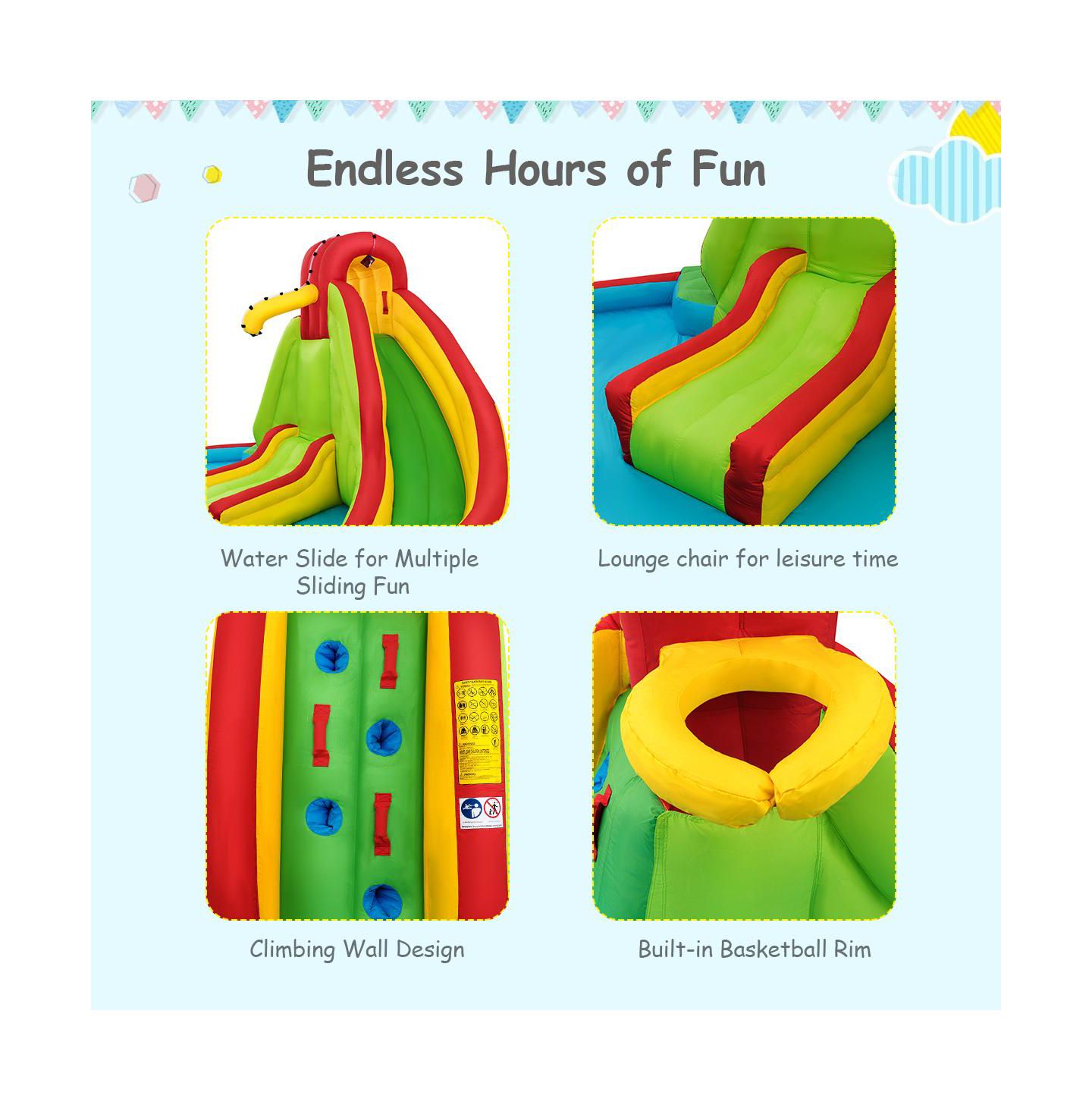 Детские игрушки Costway Inflatable Water Slide Park with Dual Slides and Climbing Walls, 189"L x 165.5"W x 92"H, Ages 3-10, цвет: Красный — фото 7