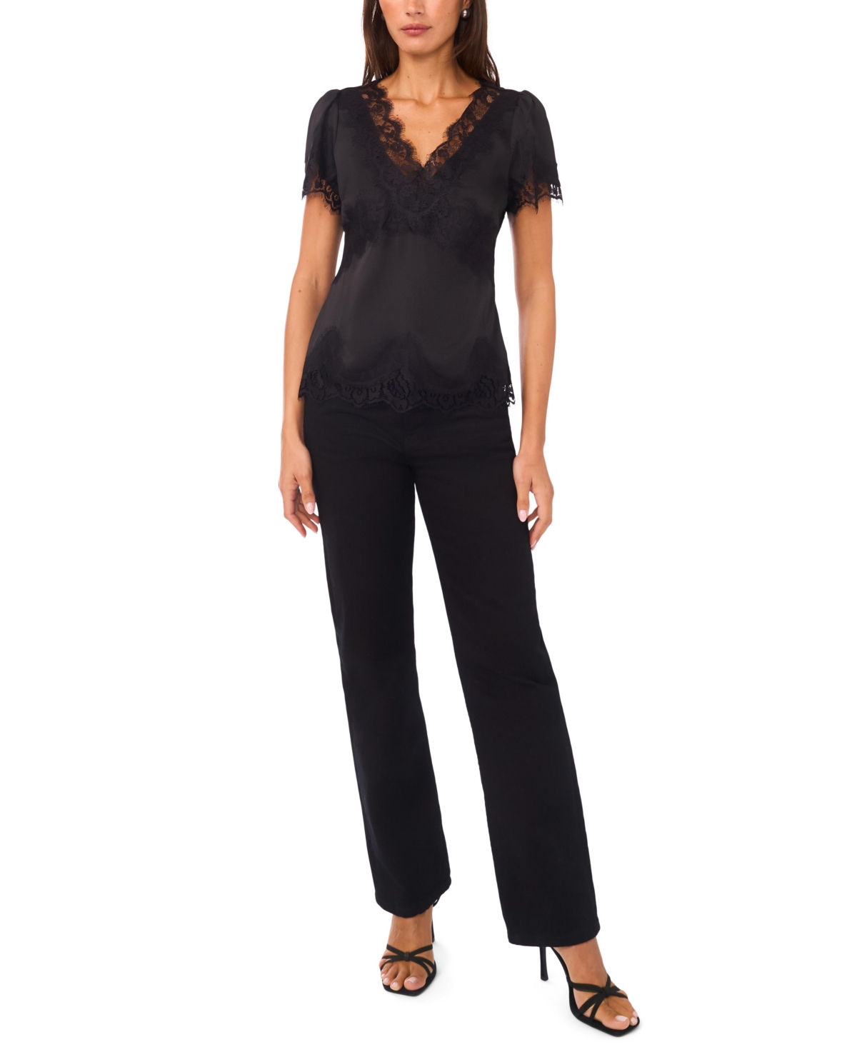 Vince Camuto Women's Short Sleeve V-Neck Lace Top