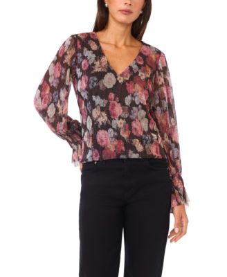 Vince Camuto - Women's Long Sleeve V-Neck Shirred Cuffs Top