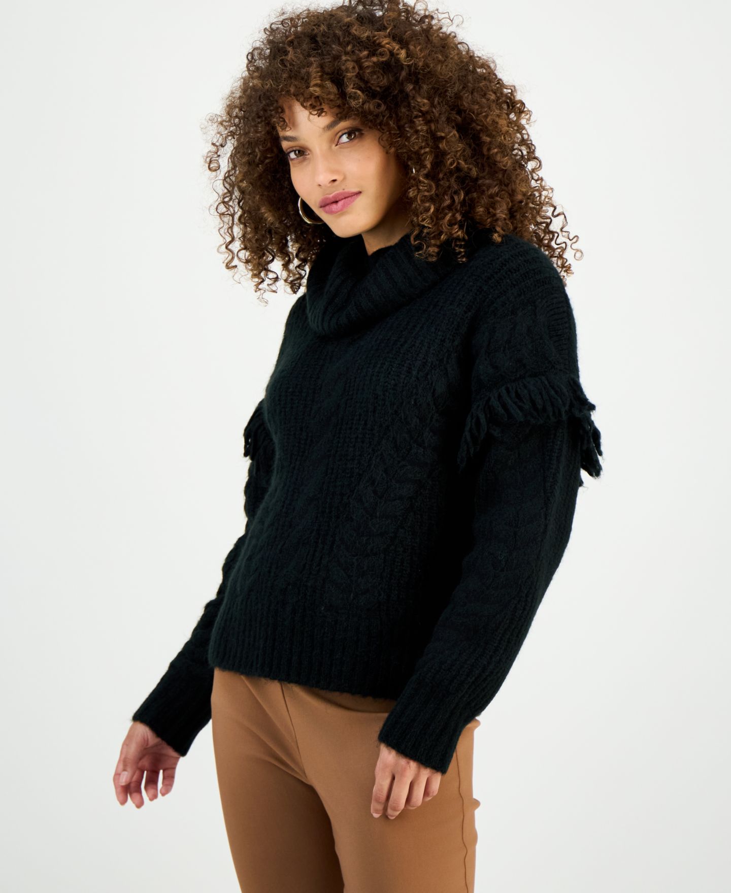 Женский свитер I.N.C. International Concepts Petite Fringe-Trim Cable Knit Turtleneck, цвет: Глубокий чёрный — фото 1