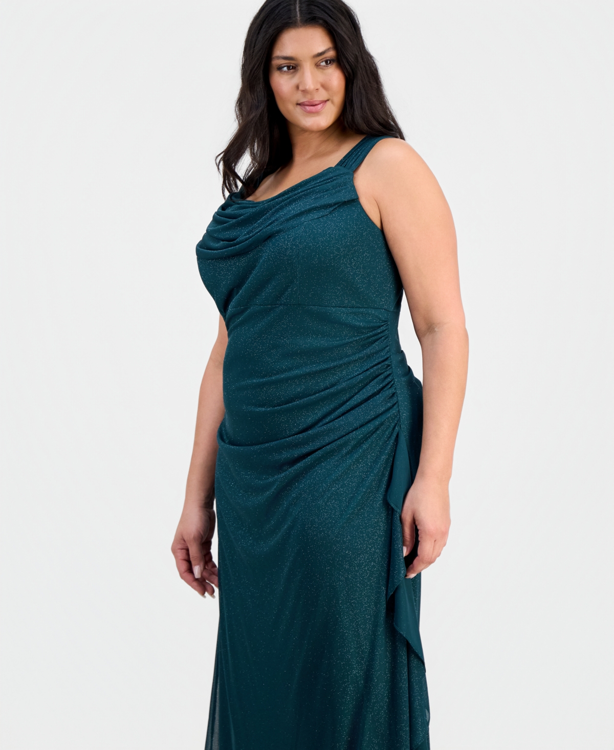 Alex Evenings Plus Size Cowlneck Ruched Glitter Gown In Green