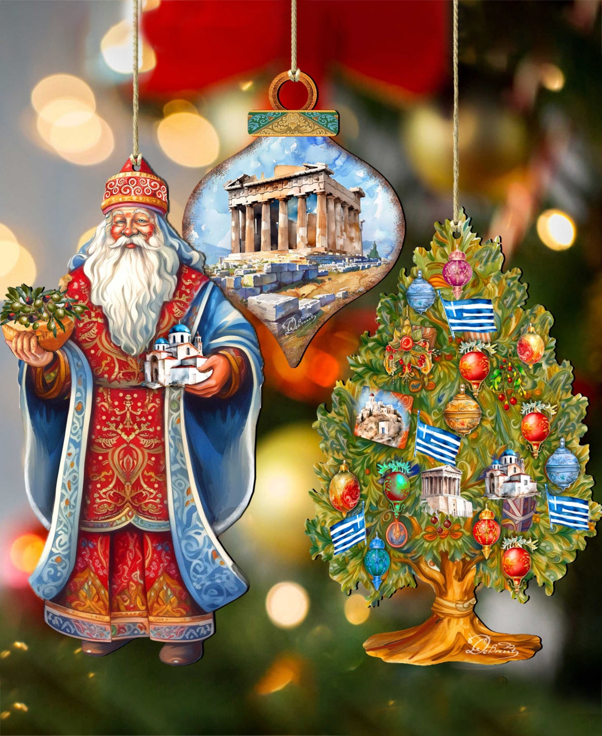 Designocracy Greece Inspired Santa Ornaments, Set Of 3 In Multi