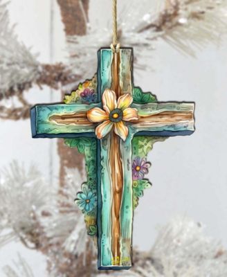 Holiday Teal Cross Wooden Ornament