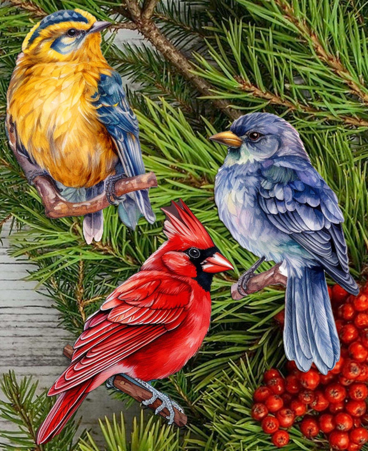 Designocracy Winter Birds Wood Clip-on Ornaments, Set 3 In Multi