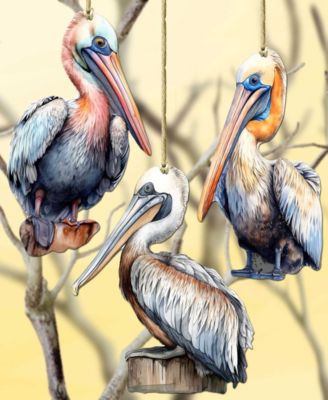 Pelicans Christmas Wooden Ornaments, Set of 3