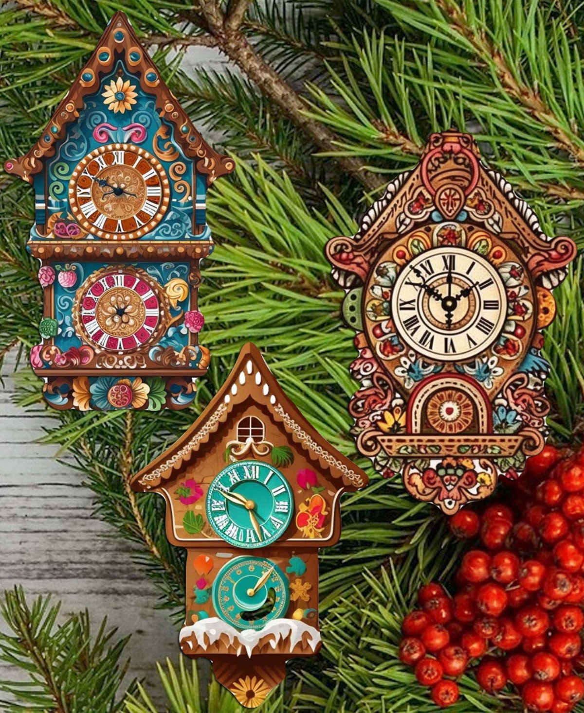 Designocracy Miniature Clock Wood Clip Ornaments, Set Of 3 In Multi