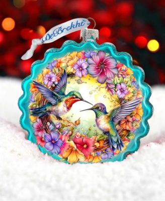 Hummingbirds Wreath Glass Christmas Ornament