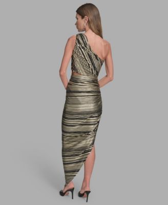 Women's Striped Asymmetrical One Shoulder Midi Dress