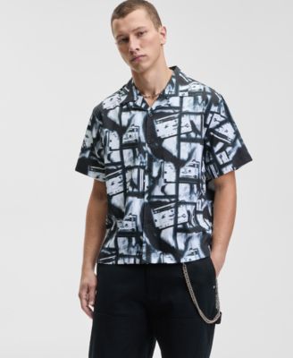 Mode of One - Men's Relaxed Fit Short Sleeve Abstract Print Button-Front Camp Shirt