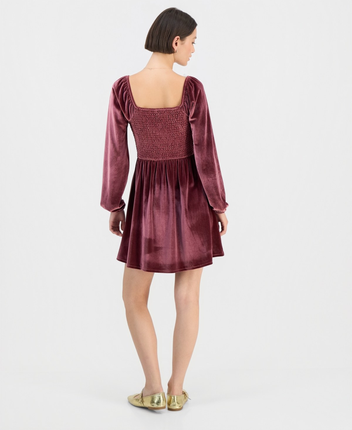 Sincerely Jules Juniors' Long-sleeve Velour Square-neck Mini Dress In Burgundy