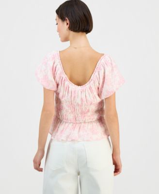 Juniors' Floral Print Short Sleeve Woven Top