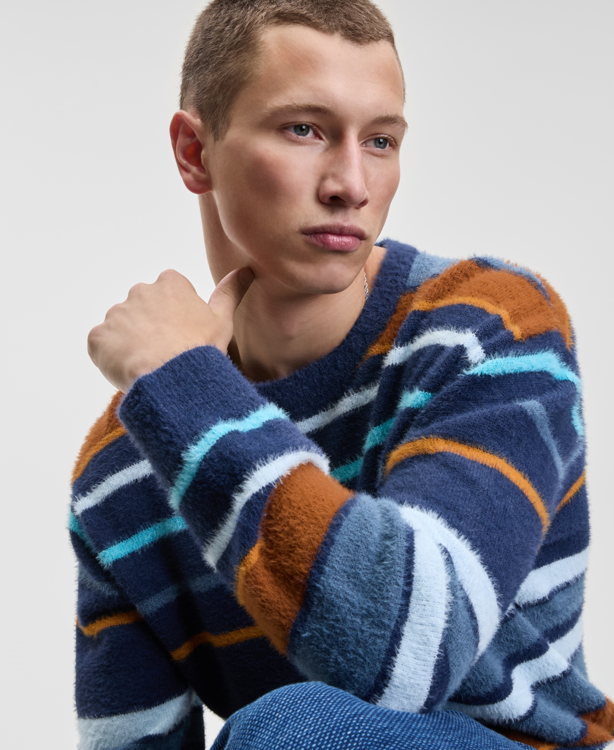 Mode Of One Men's Relaxed Fit Long Sleeve Fuzzy Striped Crewneck Sweater, Macy's Exclusive In Blue