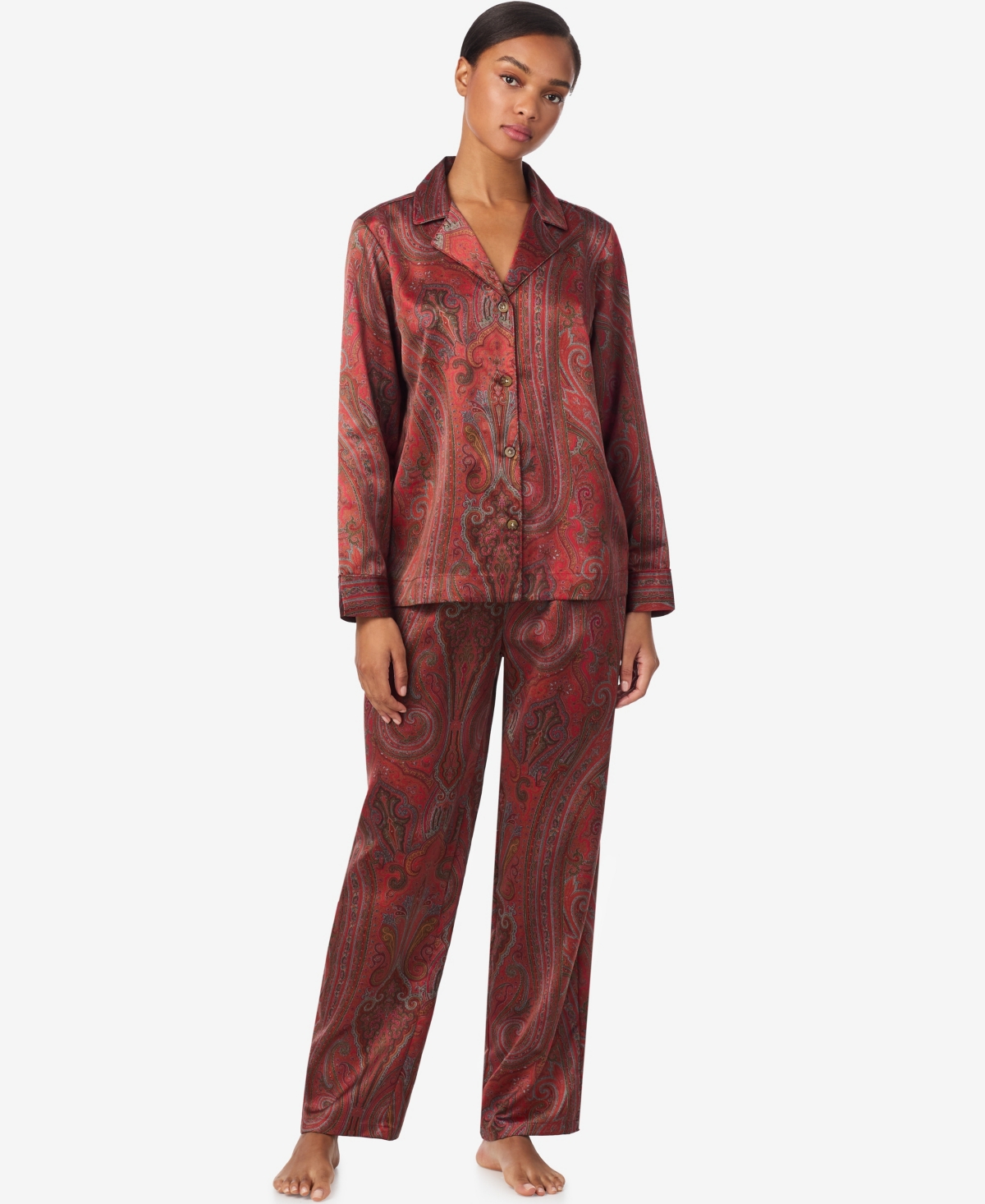 Ralph Lauren Women's Notch Collar And Long Pant Pajama Set In Red