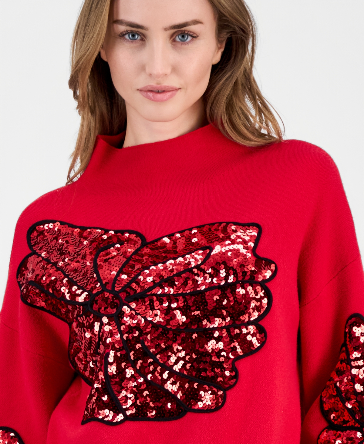T Tahari Women's Sequin Soutache Funnel-neck Sweater In Red
