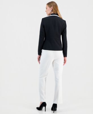 Kasper Womens Stretch Crepe Two Button Jacket Printed Knot Neck Sleeveless Top Button Tab Wide Leg Pants In White