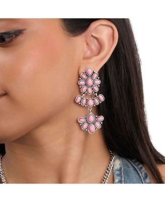 Pink Stone Statement Drop Earrings in Floral Shape