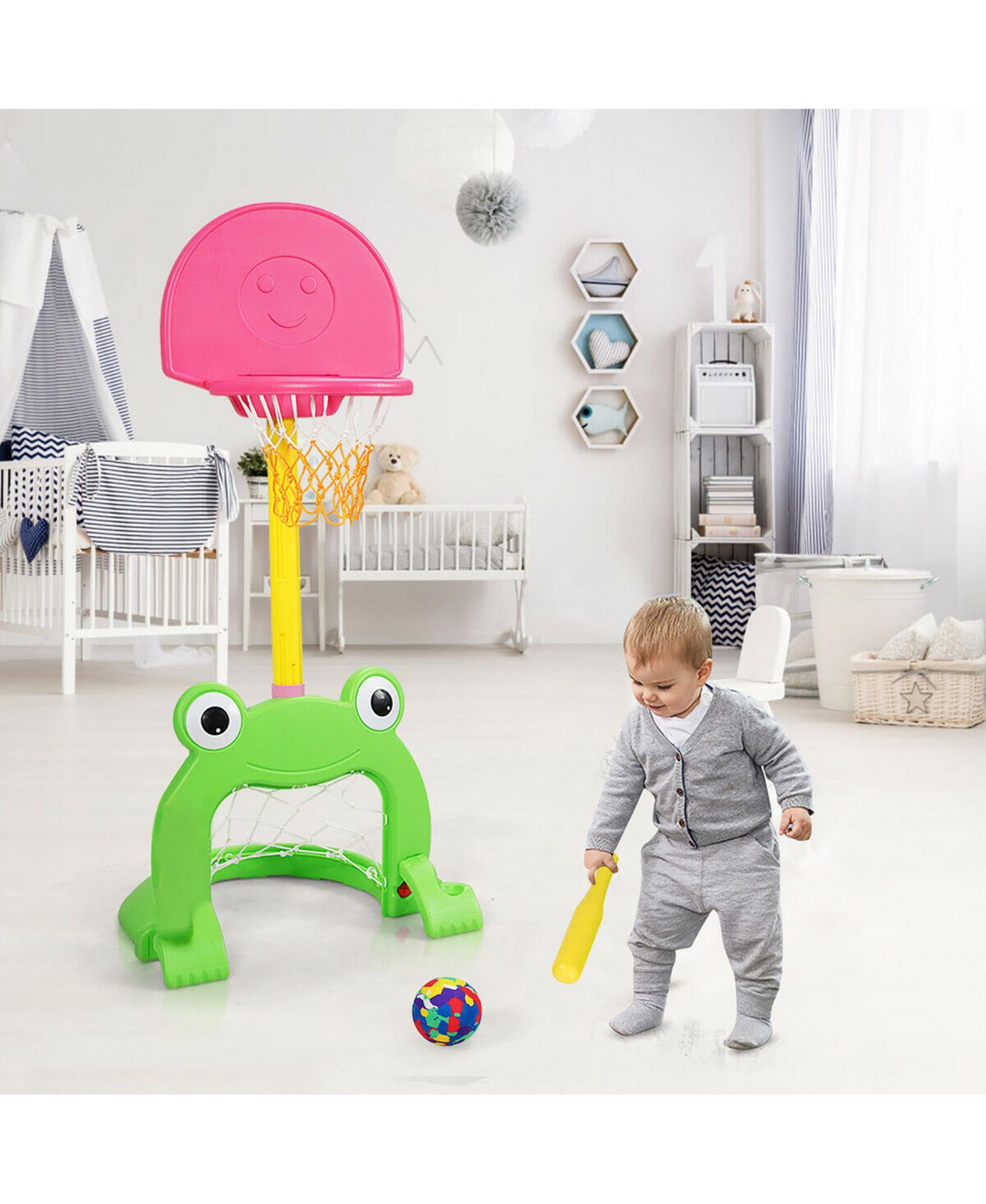 Детские игрушки Costway 3-in-1 Kids Basketball Hoop Set Adjustable Sports Activity Center, цвет: Розовый — фото 5