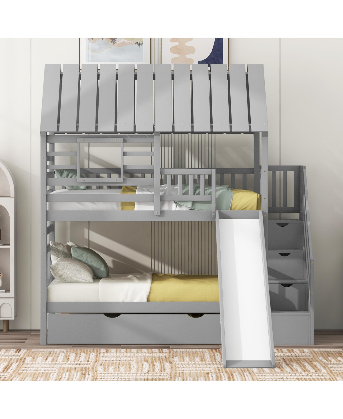 Boyel Living Twin over House Bunk Bed with Trundle and Slide, Storage Staircase, Roof Window Design