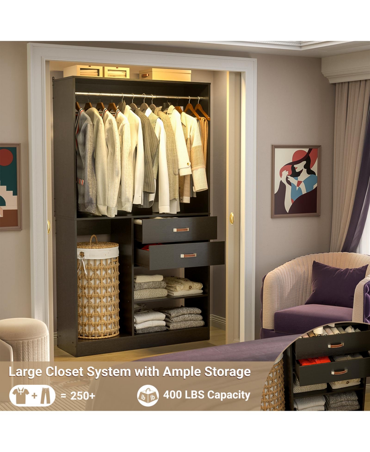 8FT Walk Closet Organizer with 3 Shelving Towers, Heavy Duty Clothes Rack Drawers