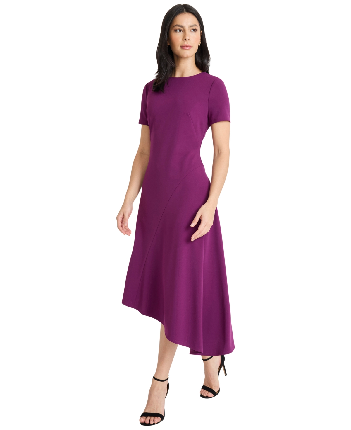 Maggy London Short Sleeve Asymmetric Midi Dress In Purple