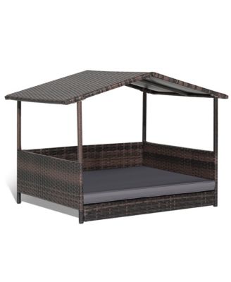 Wicker Dog House w/ Cushion Lounge Raised Rattan Bed for Indoor/Outdoo