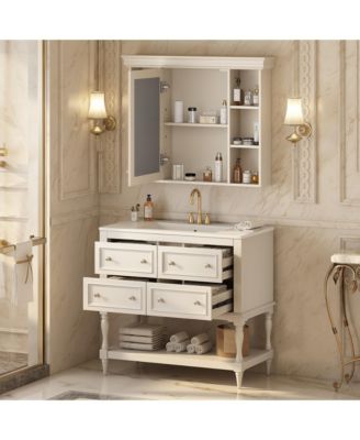36" Solid Wood Bathroom Vanity with Mirror Cabinet, Adjustable Shelves and Drawers