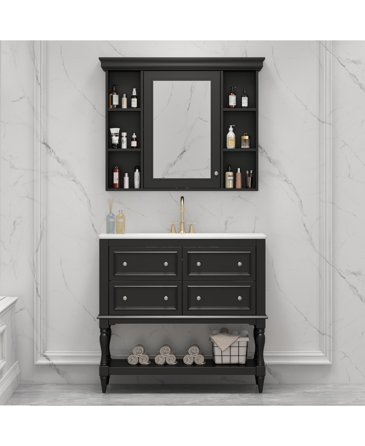 Casainc 36-Inch Bathroom Vanity with Mirror Cabinet, Adjustable Shelves, 4 Drawers & Solid Wood Storage Cabinet