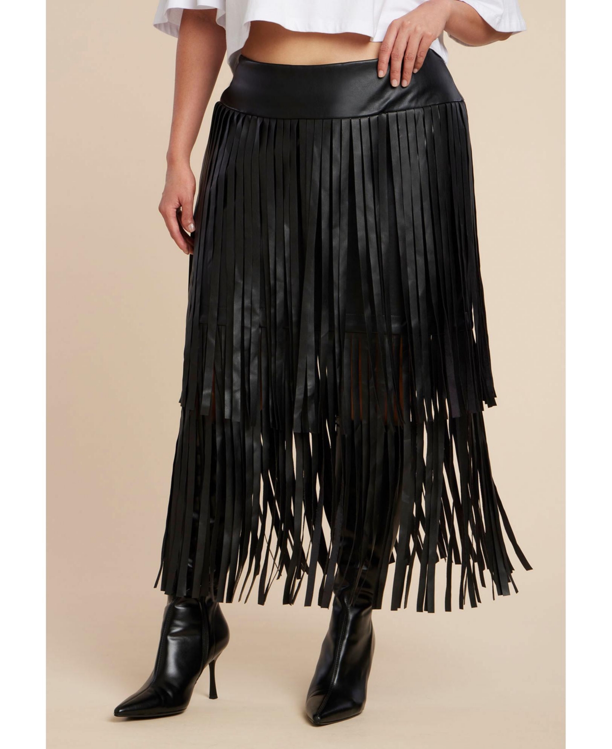 Eloquii Women's Plus Faux Leather Fringe Skirt